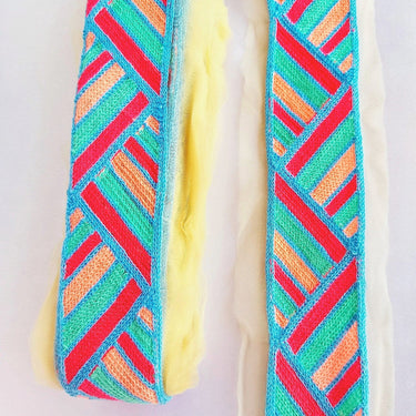 Beige Net With Blue, Red, Cyan And Coral Pink Embroidery